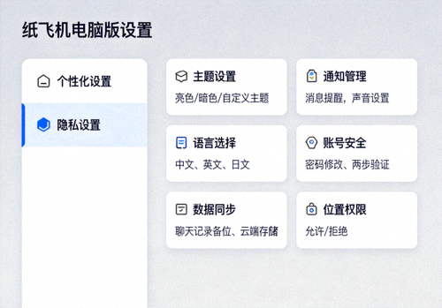 纸飞机电脑版设置界面截图，展示各种个性化选项和隐私设置